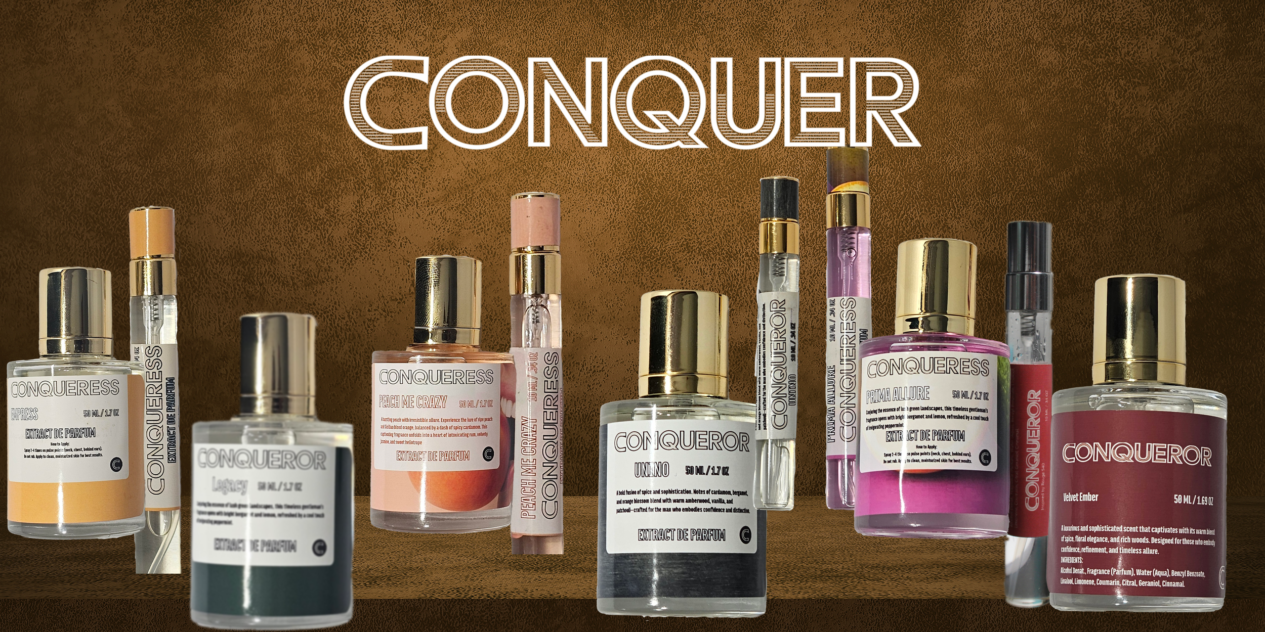 Collection of perfume bottles with the word 'CONQUER' in neon lights above them.