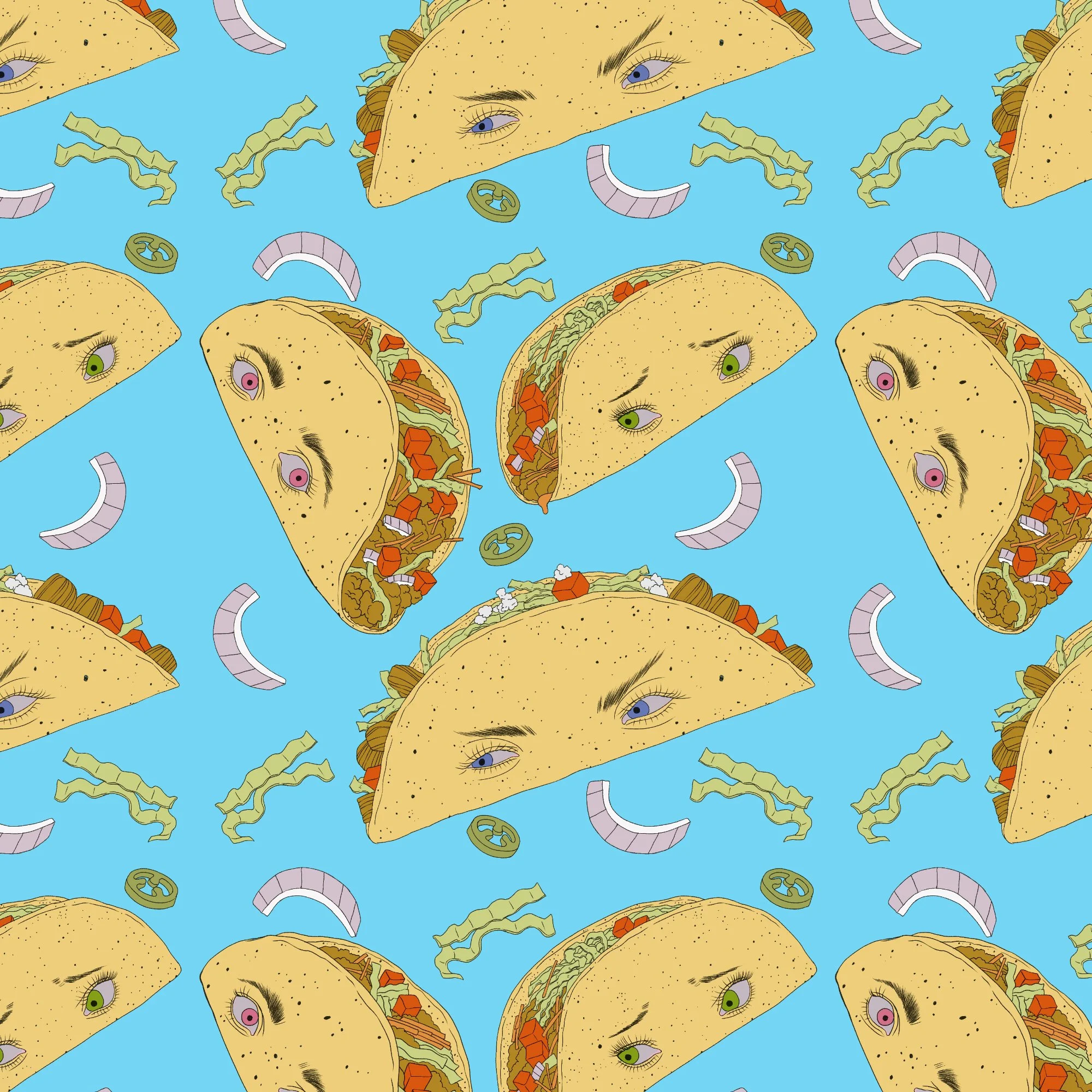 A repeating pattern of tacos with human faces, featuring eyes and eyebrows, on a light blue background. The pattern includes shredded lettuce, tomato, cheese, and slices of onion scattered among the tacos.