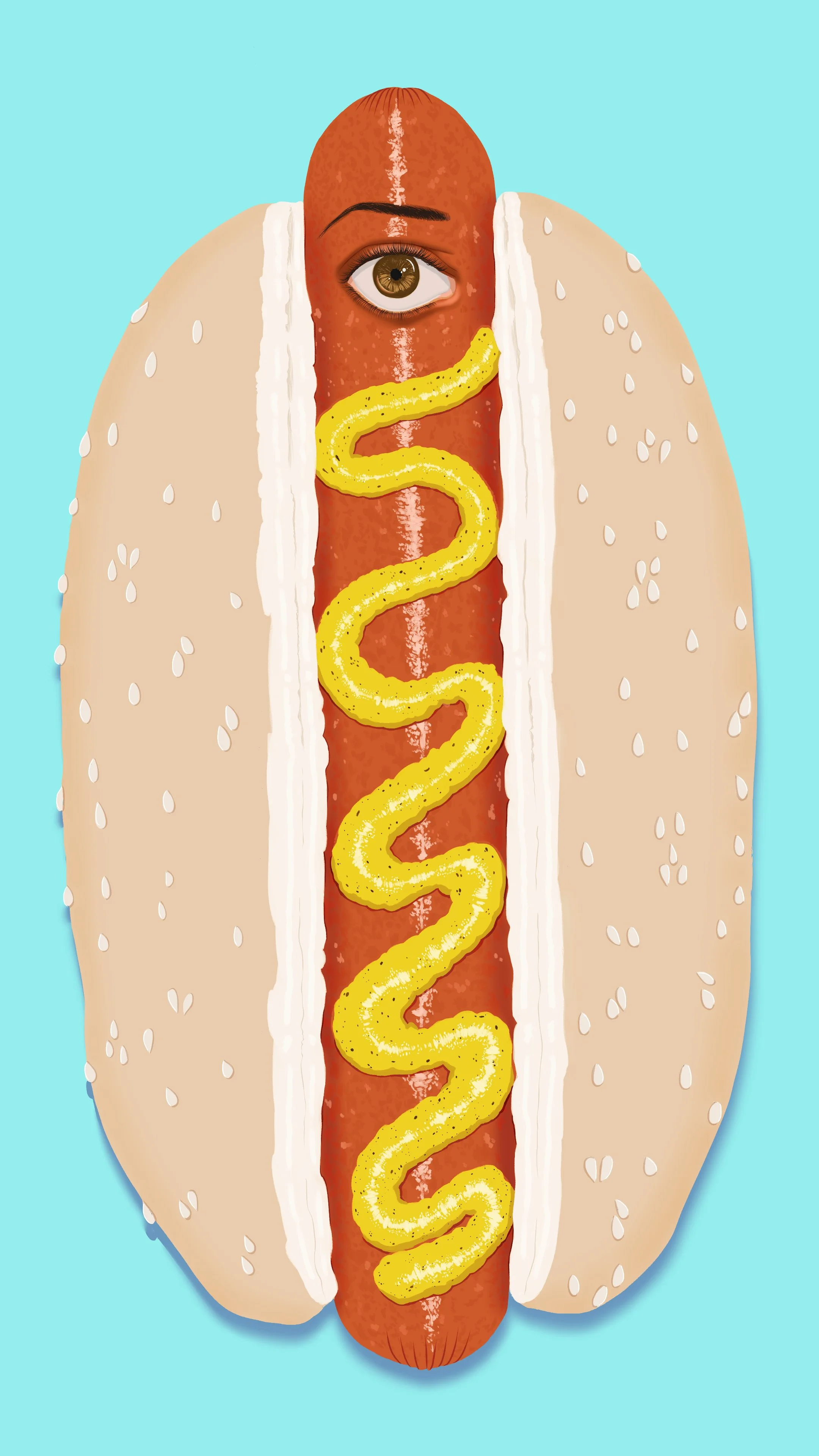 An illustrated hot dog with a human eye on the sausage, plus a mustard squiggle and sandwich bun.