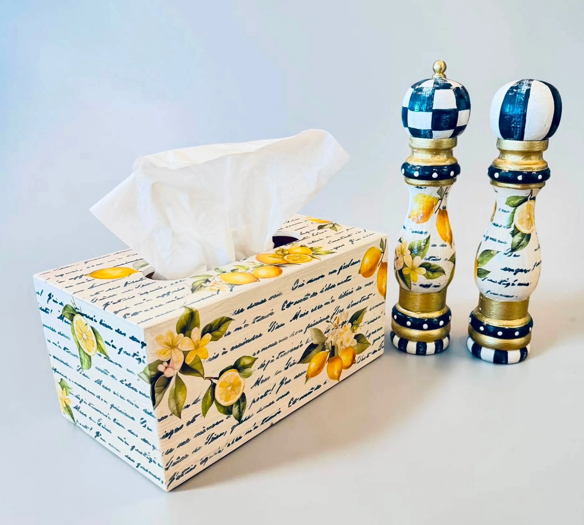 Lemon Kitchen Decor Set — Tissue Box, Pepper Mill &amp; Blue Checks