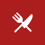 A white fork and knife crossed on a red background.