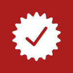 A white checkmark inside a white gear icon on a red circular background