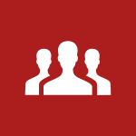 Icon of three white human silhouettes on a red background.