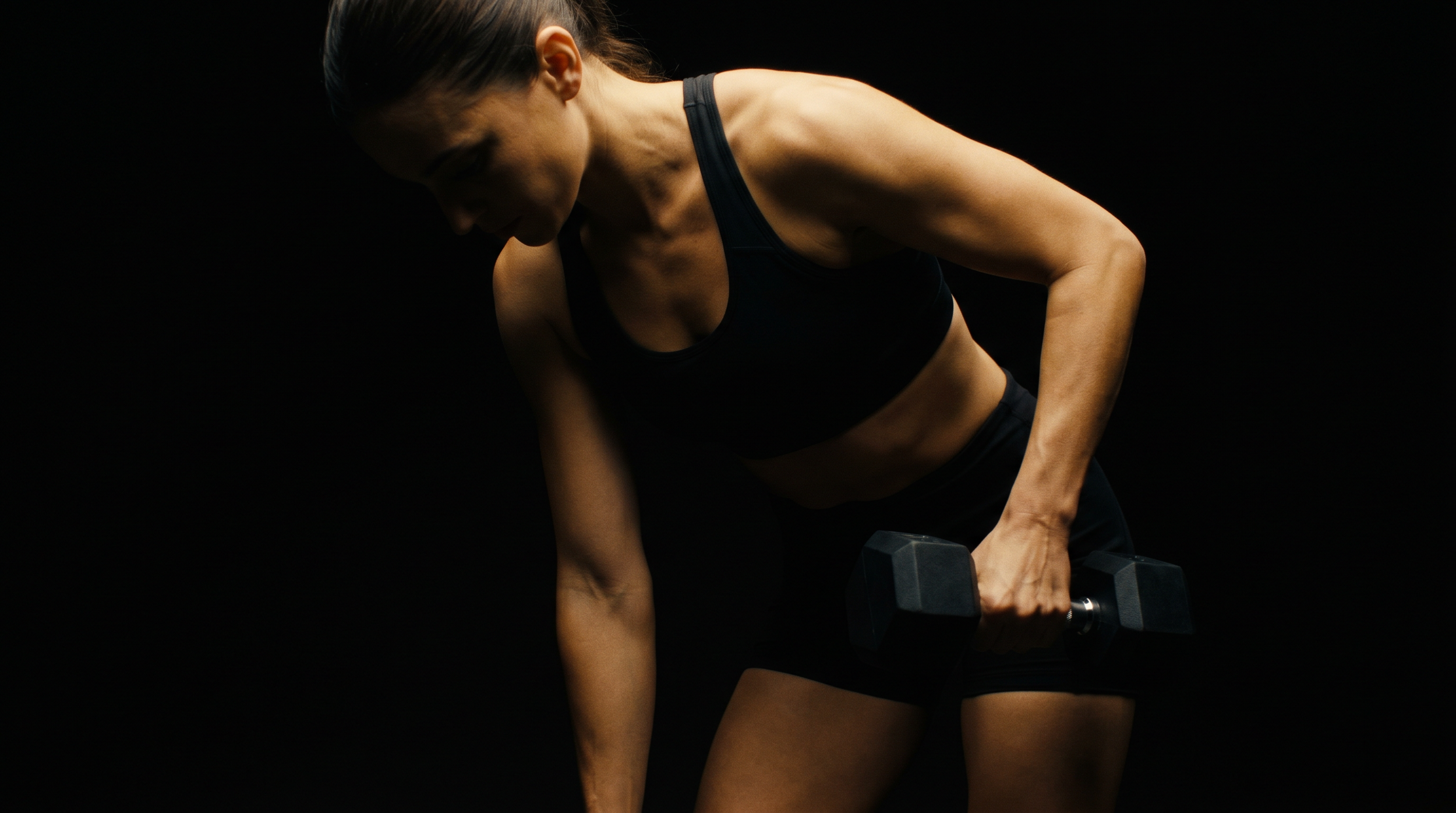 A woman in a black sports bra and shorts performing a bent-over dumbbell row exercise in a dark environment.