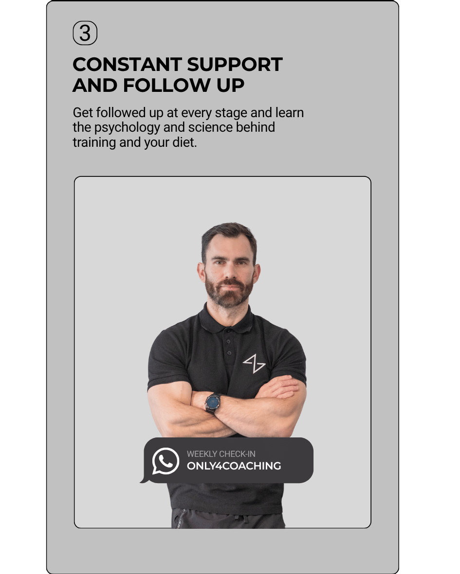 A man with a beard wearing a black polo shirt with a logo, standing with arms crossed, ad for constant support and follow-up coaching, featuring weekly check-in via WhatsApp with the label 'ONLY4COACHING'