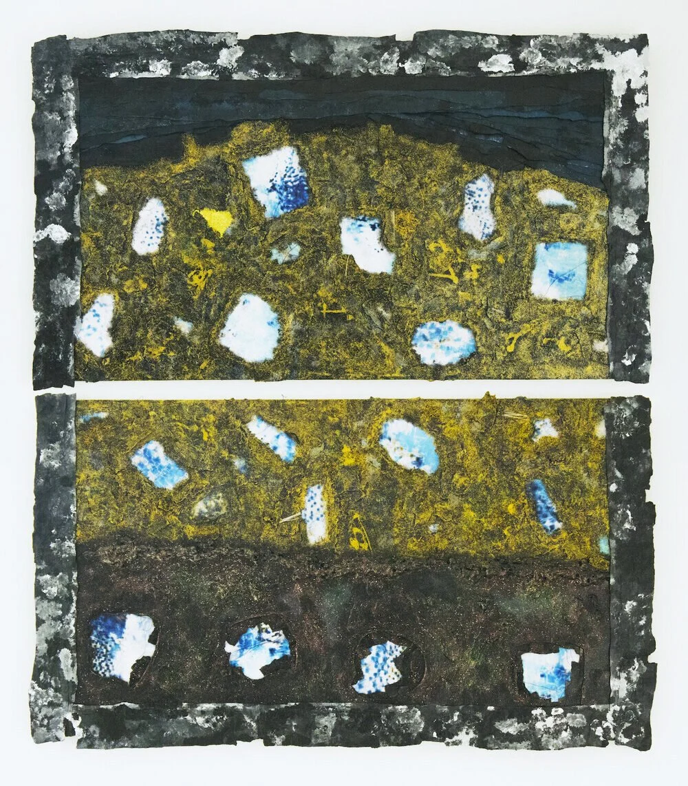 The image steps back to reveal the previous two to be zoomed in fragments of this larger piece, showing streaks of gold, red, and green glittery flakes are interspersed with cubic cloud puddles. The image is surreal. It is primal. Hedonistic. Joyous.