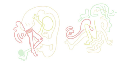 photo description: line drawing, pink, green, both light, bodies forming into and out of each other