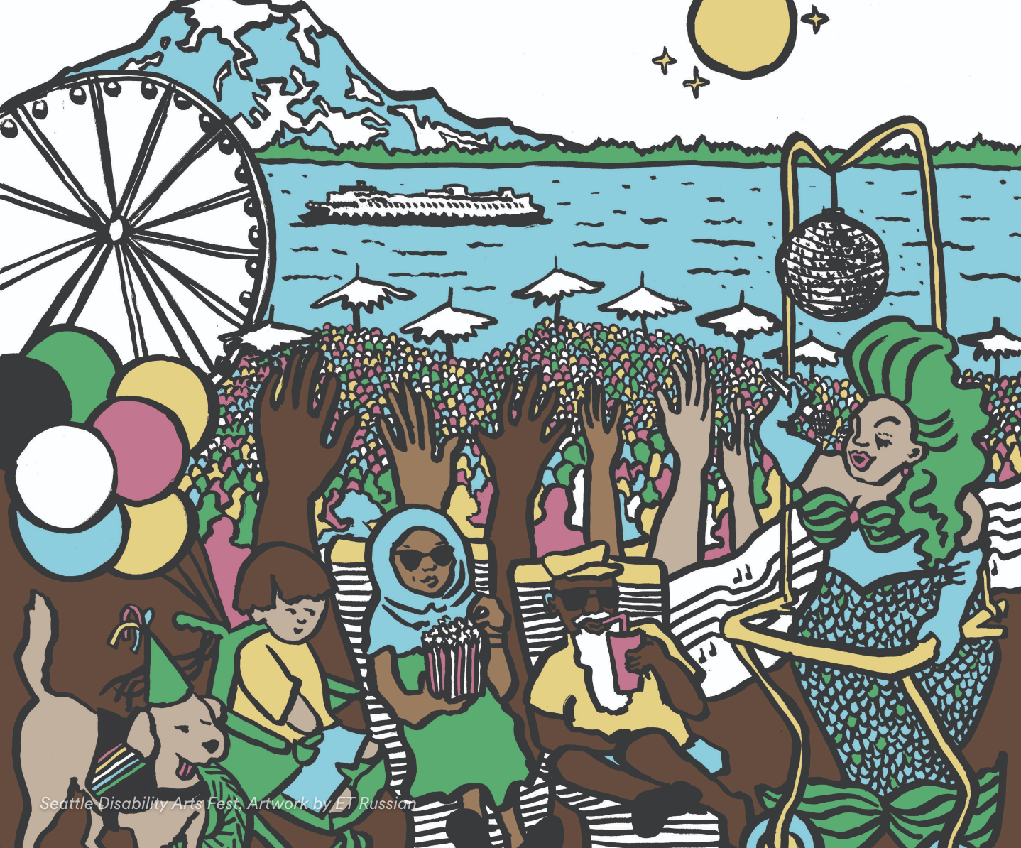 A group of people, a dog, and a mermaid, a crowd of colorful dots and raised hands stretches behind them. The Puget Sound, a ferry, the Great Wheel, and Mt. Rainier are in the background.