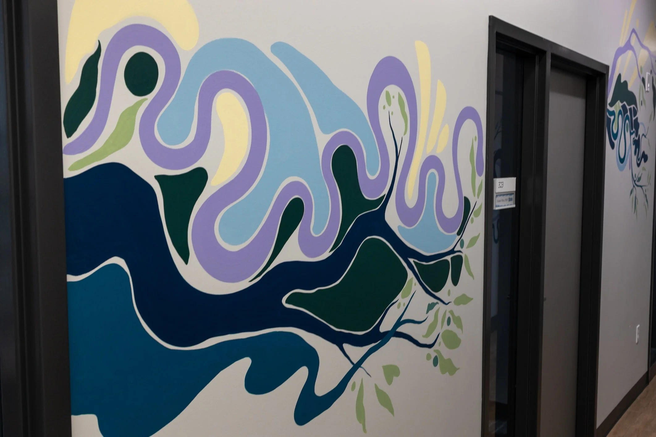 Branches and Bends, Acrylic Mural on Sheetrock, Tulane University Howard Tilton Memorial Library, 3rd Floor ILC + CELT, 2025, detail