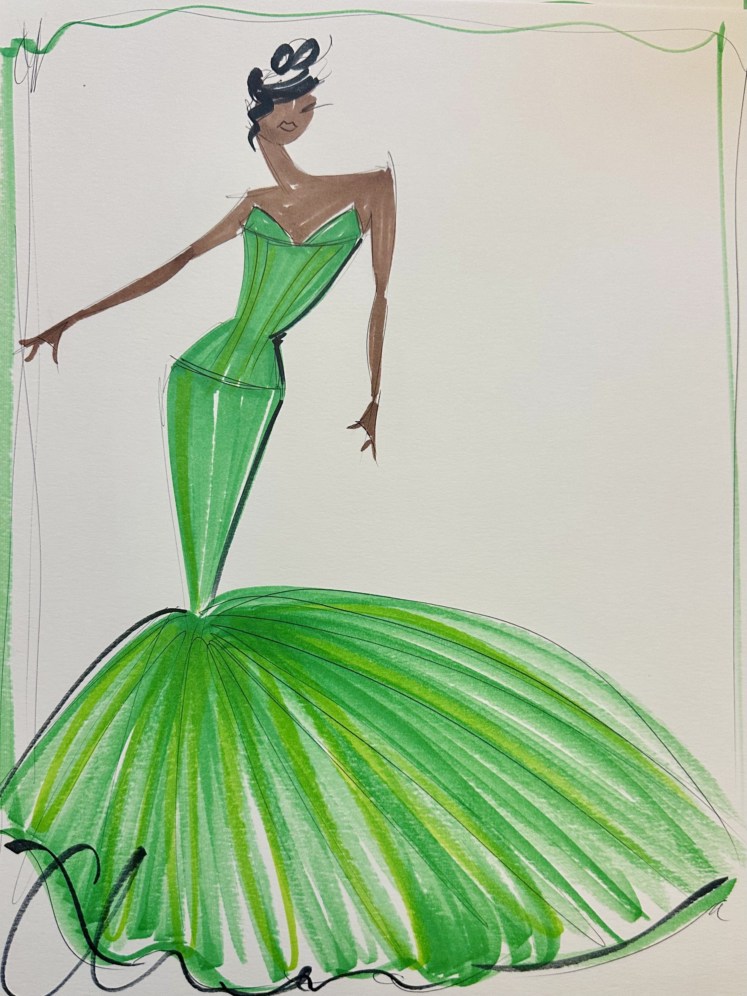 "Olandria - Custom Emerald Green Golden Globes Gown" - ORIGINAL SKETCH