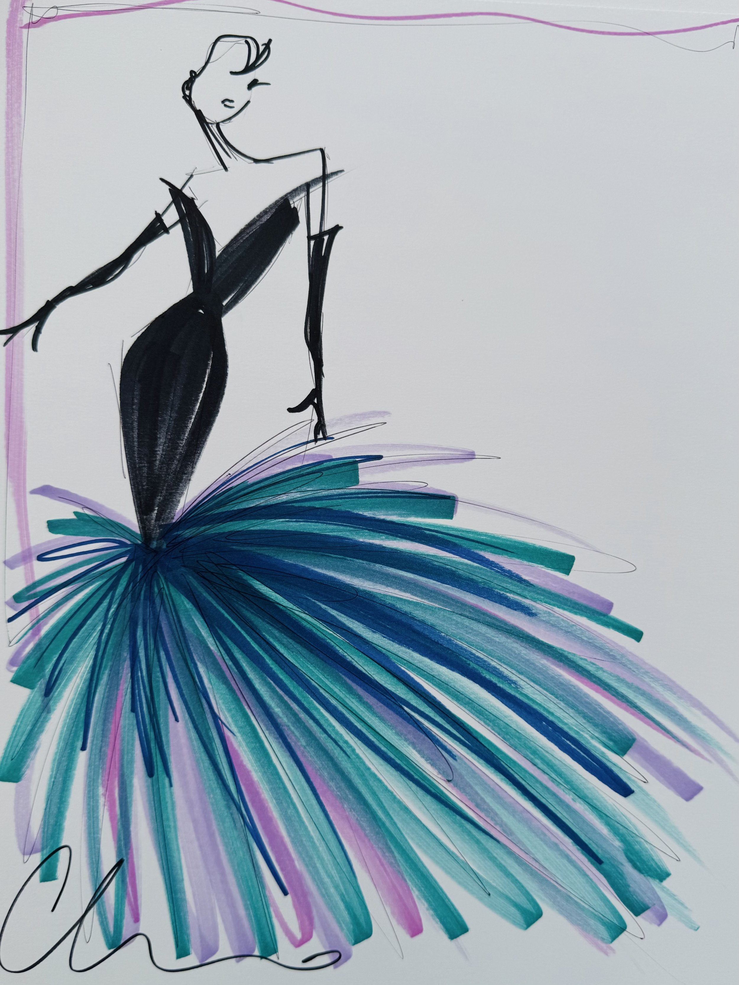 "Feathered Mermaid Gown" - ORIGINAL SKETCH