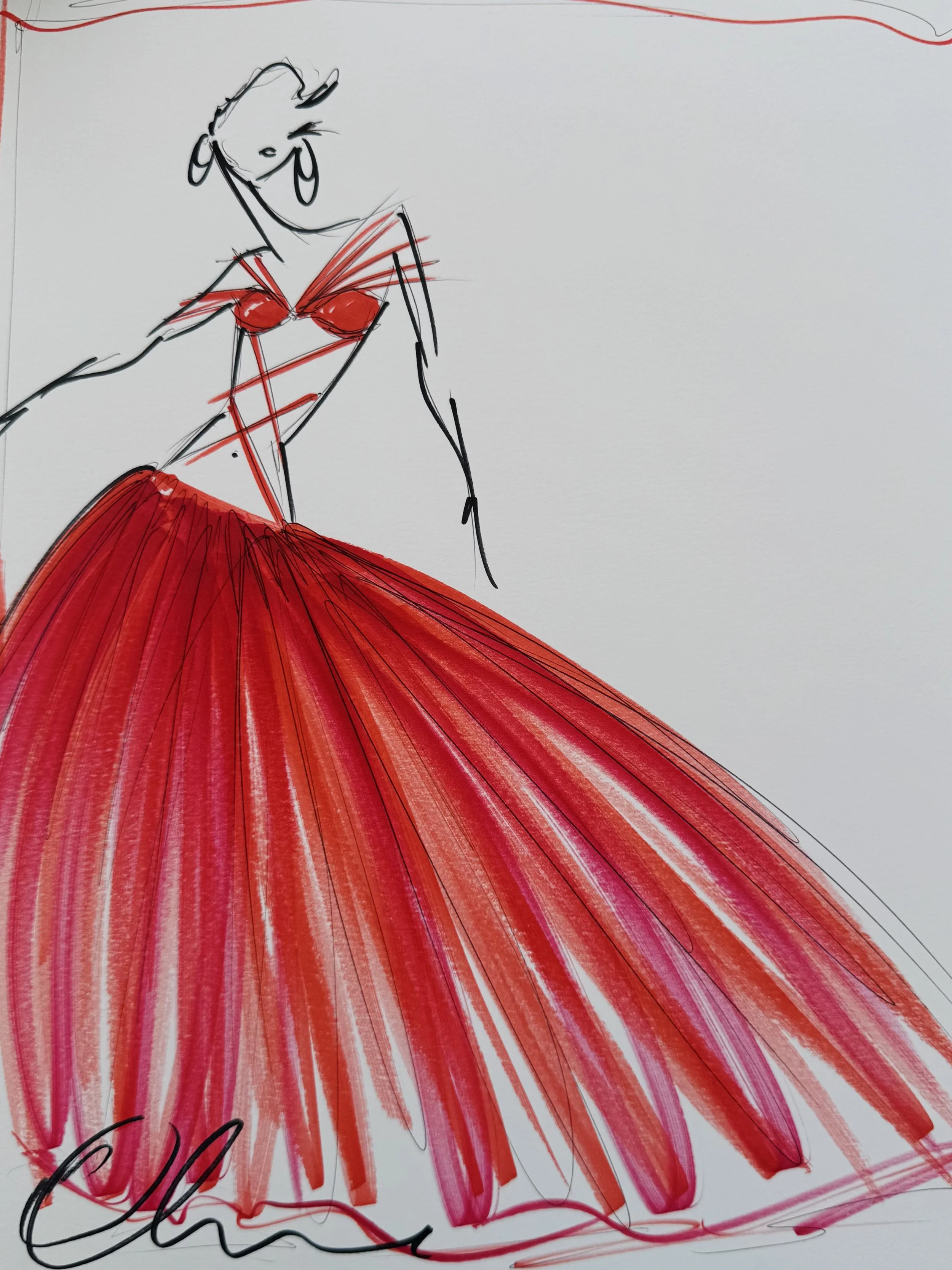 "Bare-Bodice Crimson Ball Gown" - ORIGINAL SKETCH