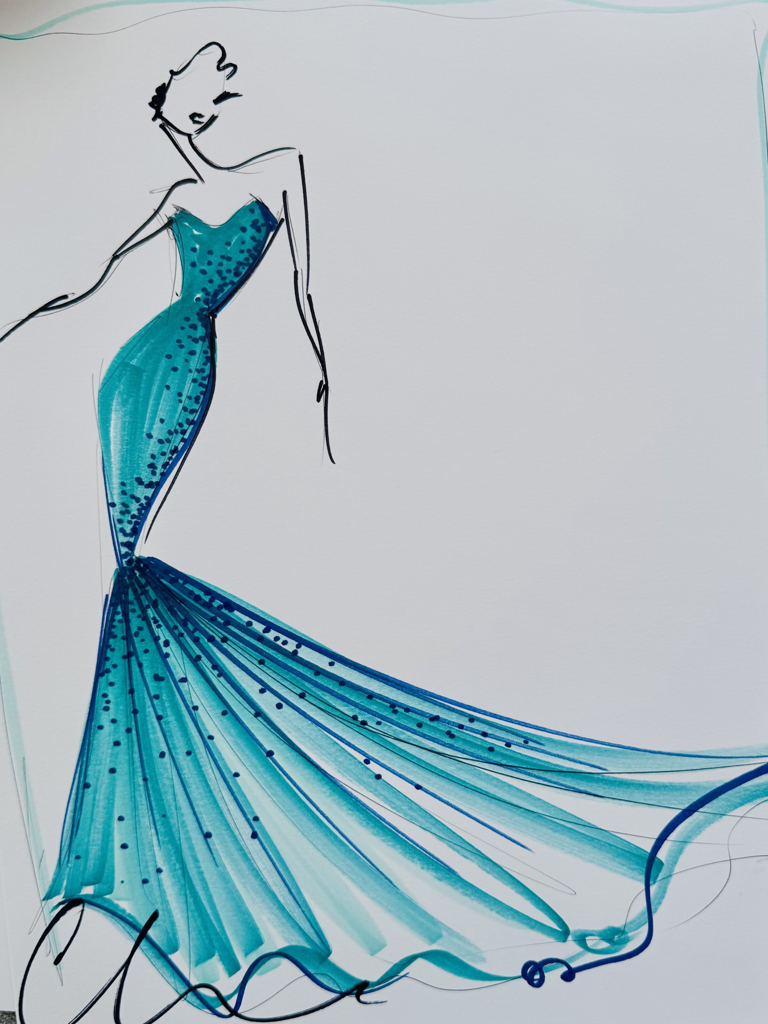"Sculpted Aqua Mermaid Gown" - ORIGINAL SKETCH