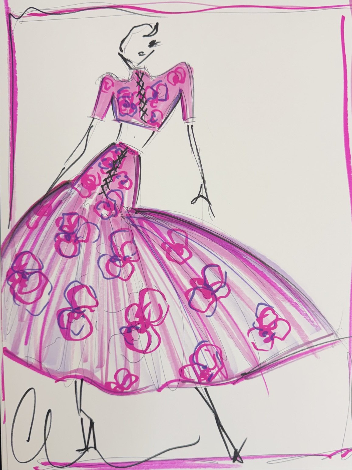 SS27 RUNWAY EDITION "Fuchsia Floral Brocade Bell Skirt" - ORIGINAL SKETCH