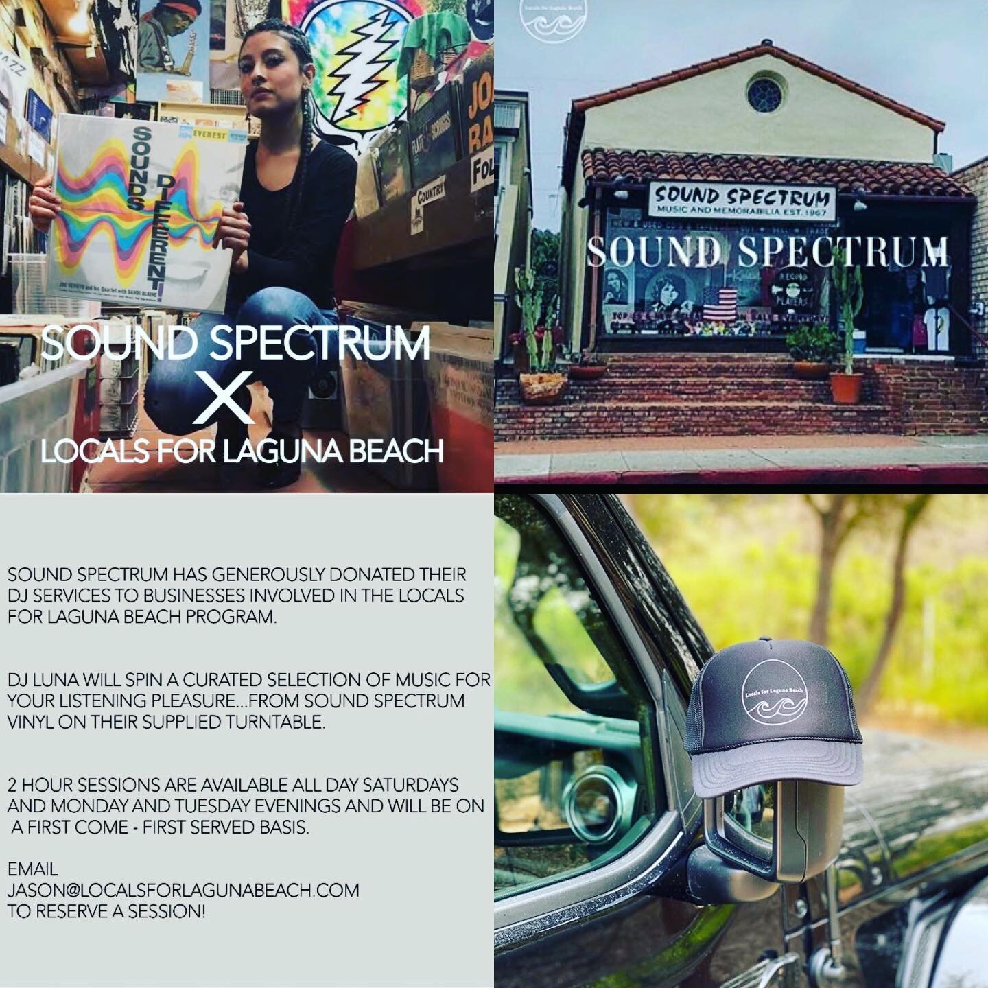 SOUND SPECTRUM X LOCALS FOR LAGUNA BEACH COLLAB OF THE.....

Wave and Sound Spectrum ARE VERY GENEROUSLY Offering FREE 2hr DJ Luna Sessions (First Come First Serve Basis!) to those Shops and Restaurants that Participate in the Locals Program!!!! This