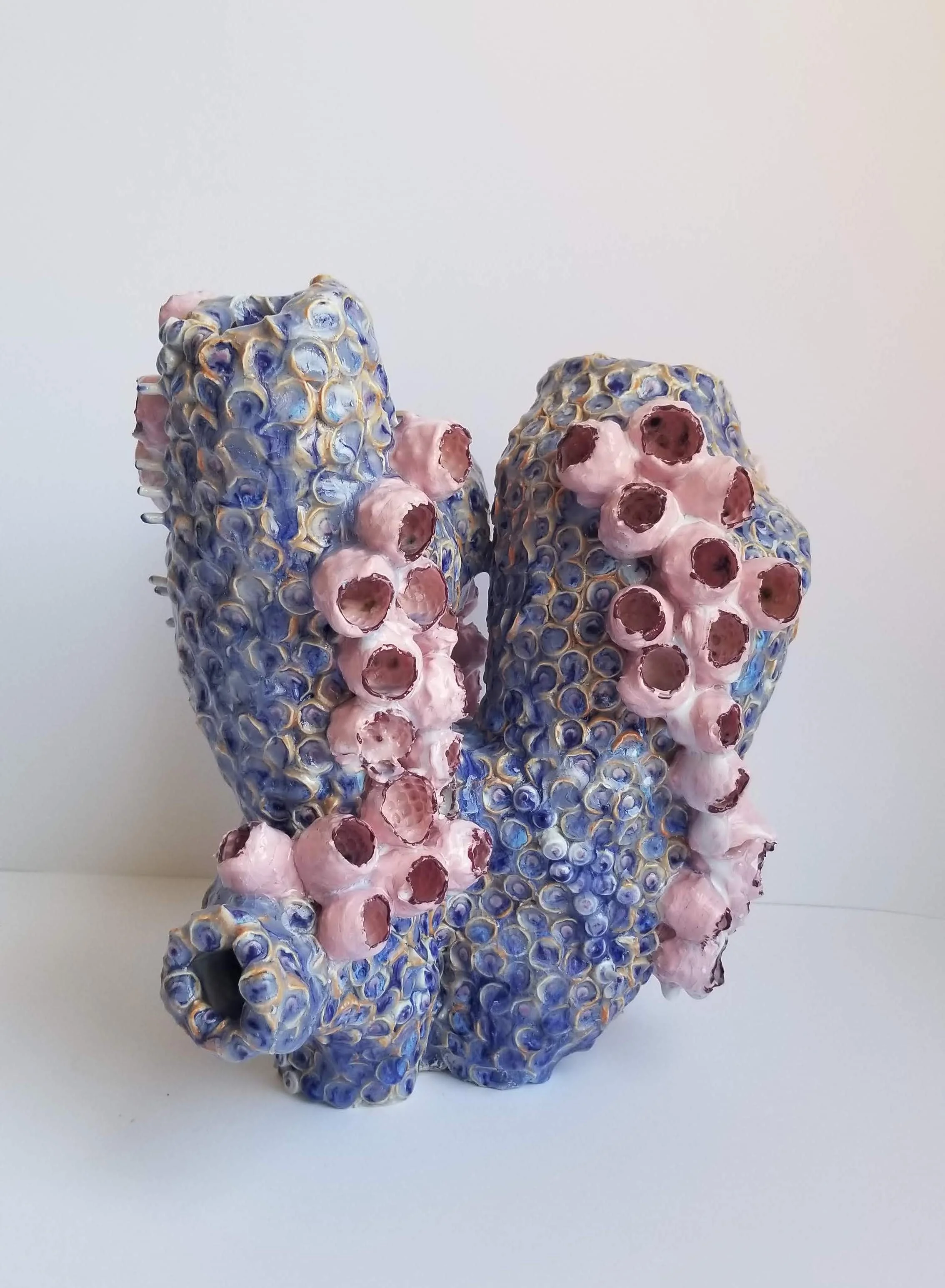 Ceramic sculpture, pink and blue