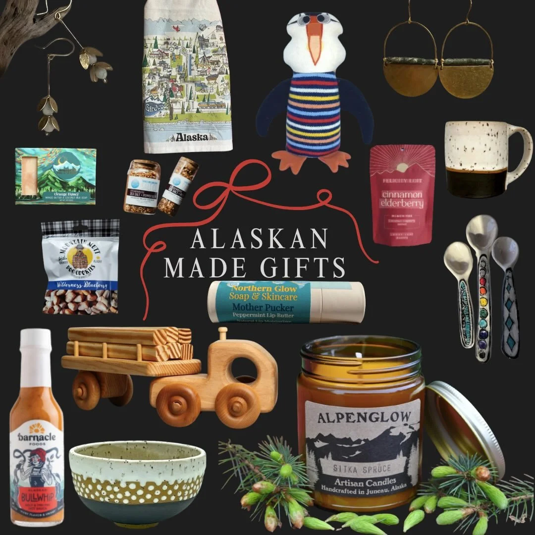 If supporting a small shop that supports local makers is on your wish list, look no further. 
1. @akimbocollection Sugarplum earrings-$60
2. Mother Hubbard&rsquo;s Girdwood tea towel-$20
3. @wade_handmade Puffin Stuffie-$85
4.  Akimbo Oval Brass Moon