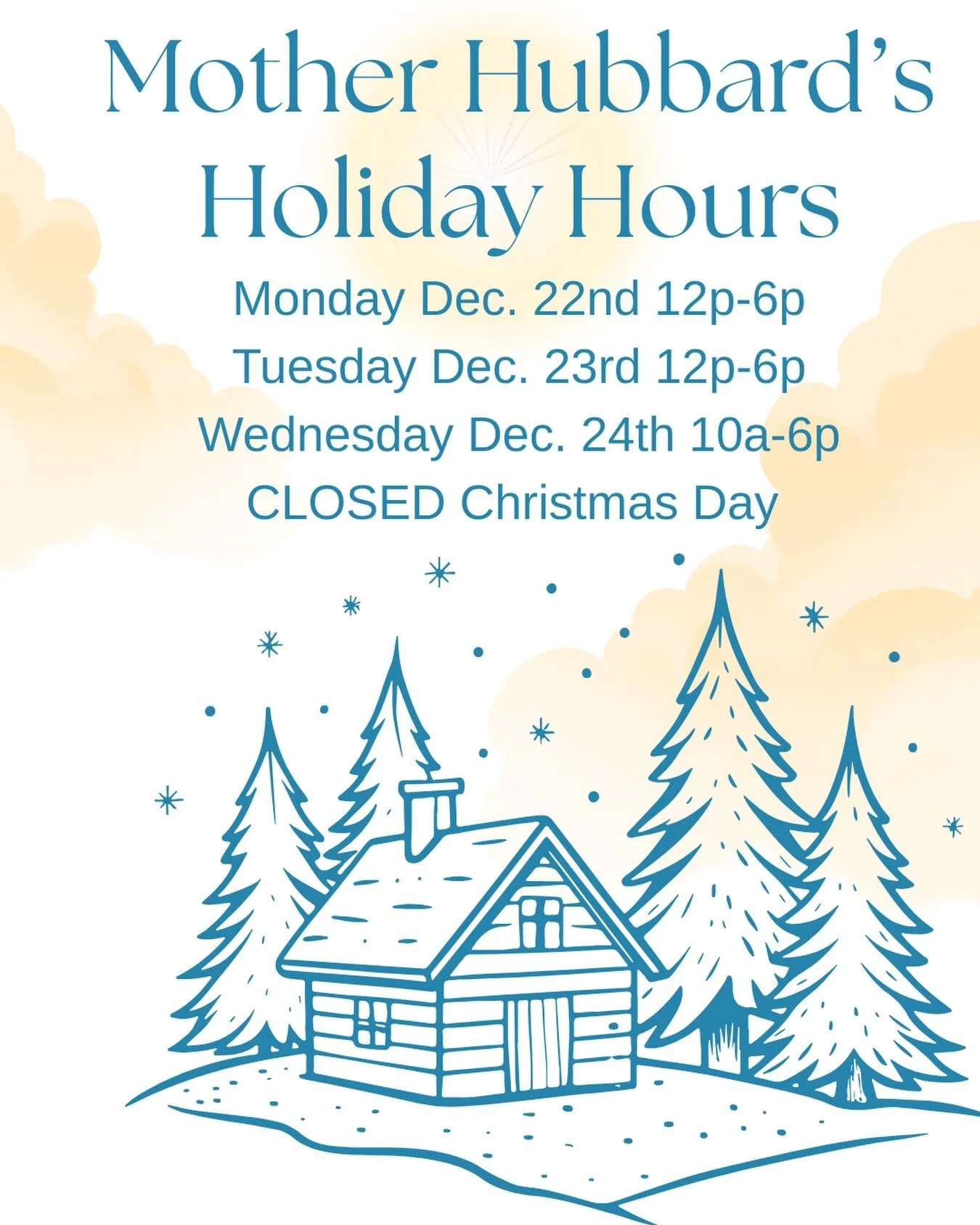 Mother Hubbard&rsquo;s will have extended hours this week for the Christmas holidays.  If the chaos of the holidays stresses you out shop in our online store and pick it up, easy-breezy. See you soon.