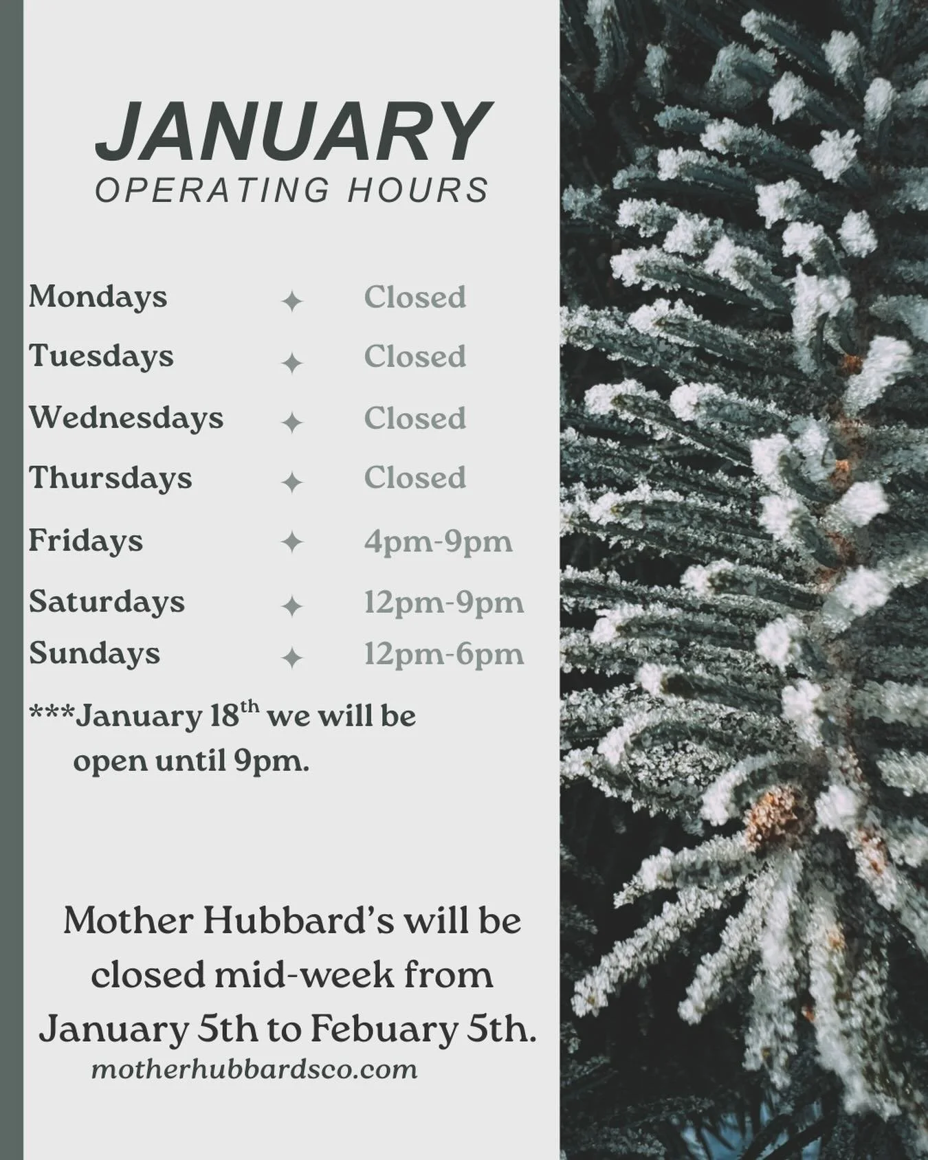 For the month of January we will have abbreviated hours. From January 5th-February 5th we will be closed on Wednesdays &amp; Thursdays. Never fear Mother would never you leave you on your own. We will be open Fridays 4-9, Saturdays 12-9 and Sundays 1