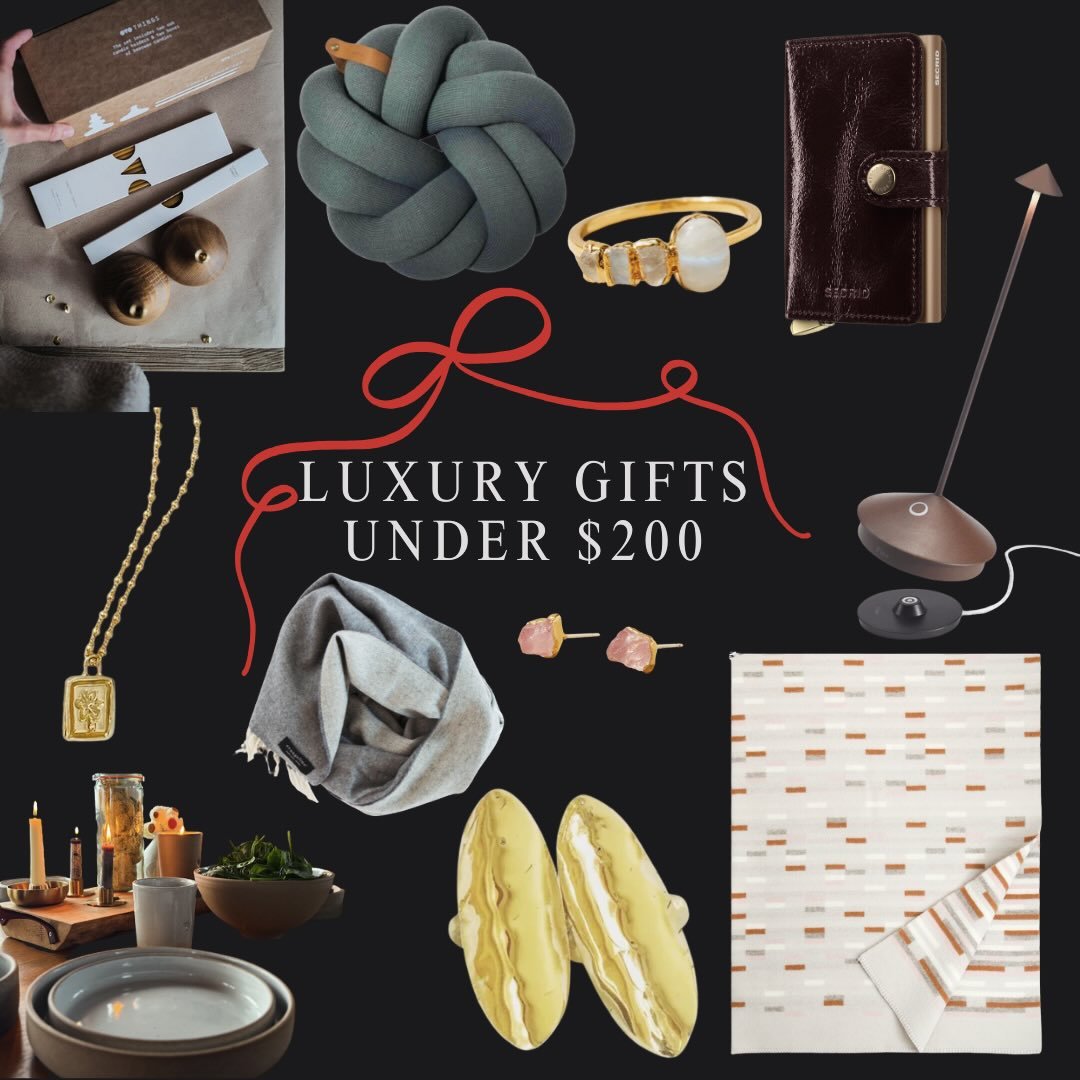 The things that feel ever so fancy but won&rsquo;t break the bank. 
1. Candle Lovers Gift Set-$150
2. Blossom Knot Cushion in Grey-$98
3. Moonstone Ring-$150
4. Naplak Premium Wallet in Mahogany-$155
5. Forget me Not Necklace-$140
6. Lambswool Revers