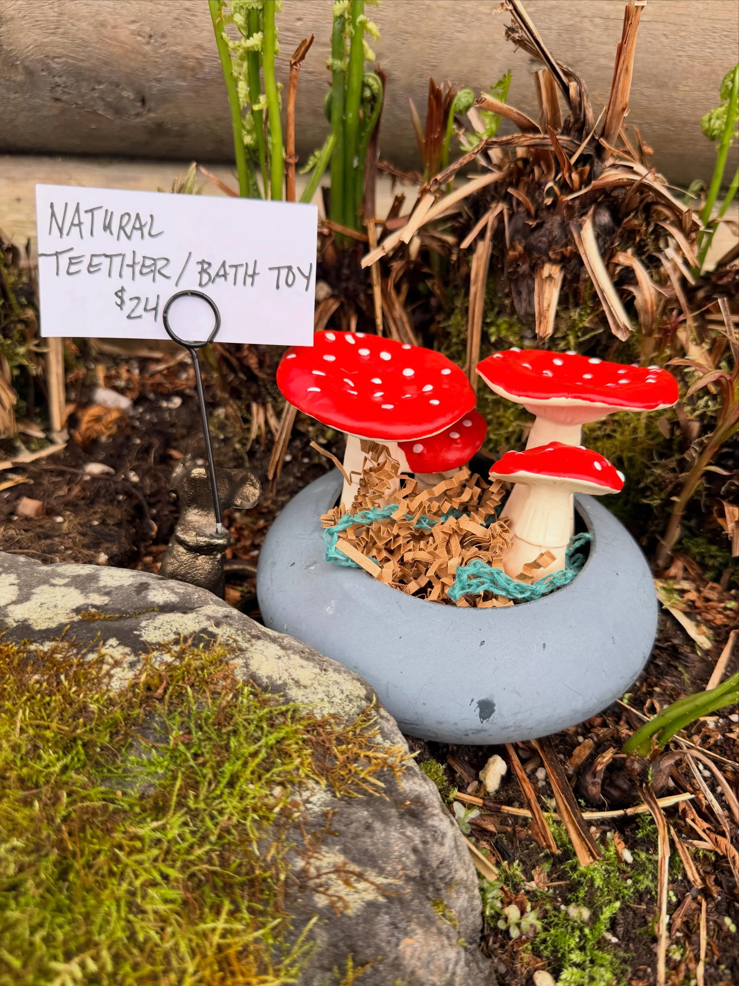 From the Hevea rubber tree these natural baby bath toys and teethers bring so much joy. They are a single construction with no seams or holes so it eliminates spaces for bacteria. Tulips and radishes and mushrooms for summertime!