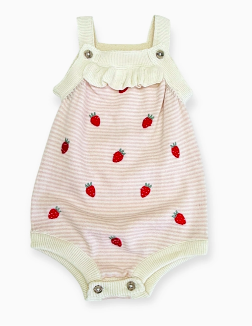 Strawberry Stripe Embroidered Baby Ruffle Romper, Organic