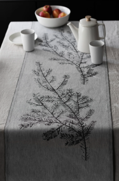 Pine bough cotton and linen table runner in black