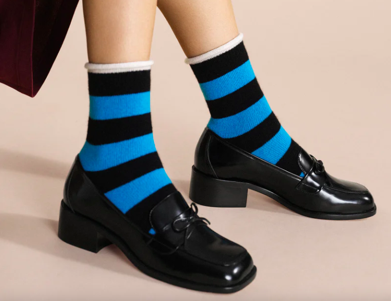 Wide Stripe Cashmere Crew in Blue