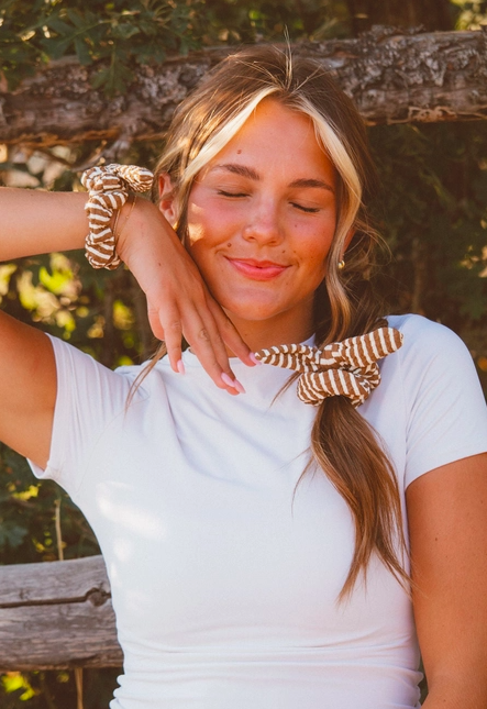 Brown Striped Bow Scrunchie