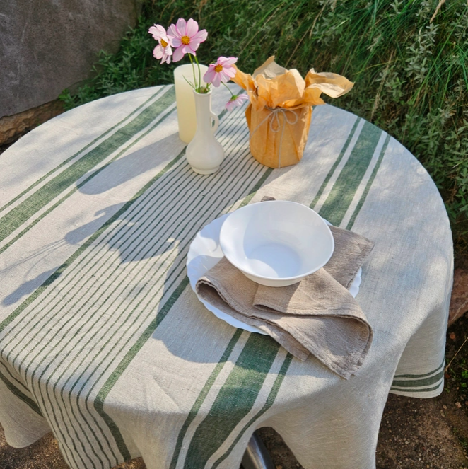 Round Linen Green Stripe Tablecloth
