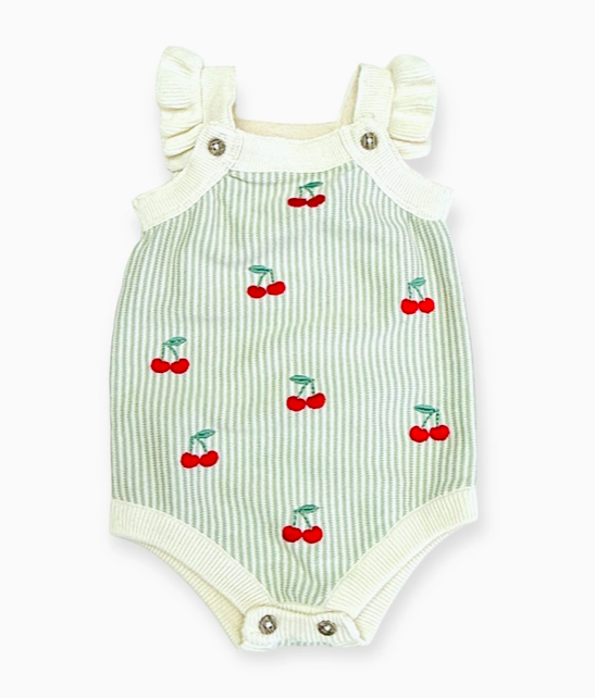 Cherry Stripe Embroidered Baby Ruffle Romper, Organic