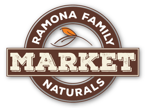 Logo for Ramona Family Naturals Market featuring the word 'MARKET' in large distressed font and a leaf above it, with the words 'Ramona Family' and 'Naturals' surrounding the circle.