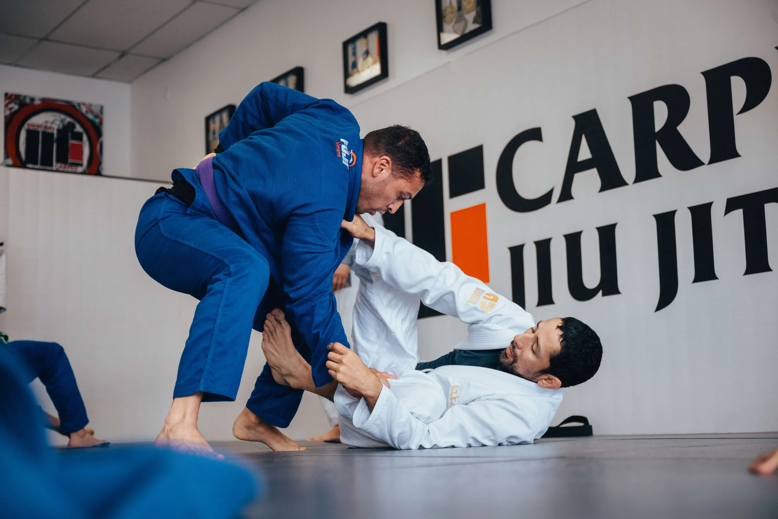 Two Brazilian Jiu-Jitsu practitioners, one in a blue gi and the other in a white gi, are practicing grappling techniques on the mat in a dojo. The man in the blue gi is leveraging his position over the man in the white gi, who is lying on the ground.