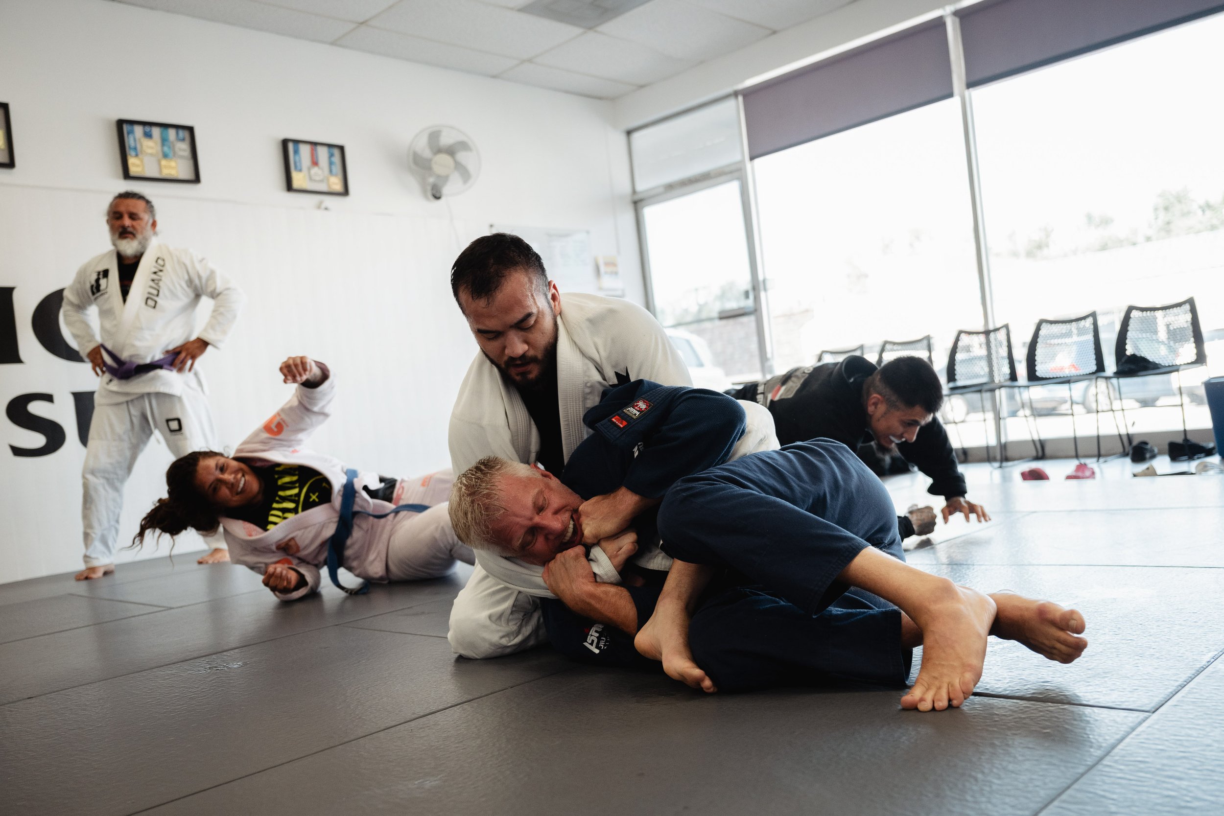 Martial arts students practicing Brazilian Jiu-Jitsu on mats inside a dojo, with one person applying a chokehold on another while others observe.
