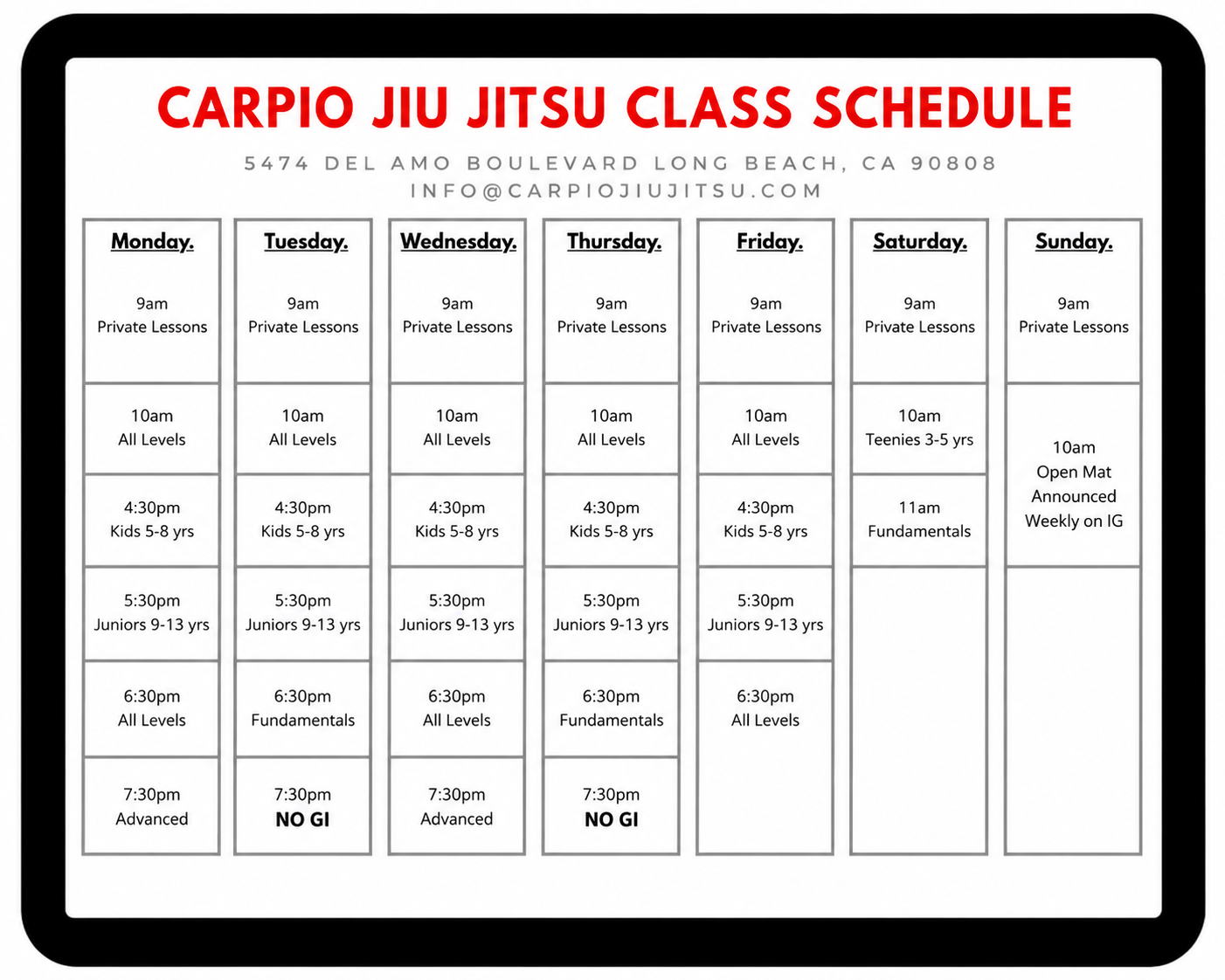 Schedule for Carpio Jiu Jitsu classes from Monday to Sunday with times and BJJ class levels, on a white background with black borders.