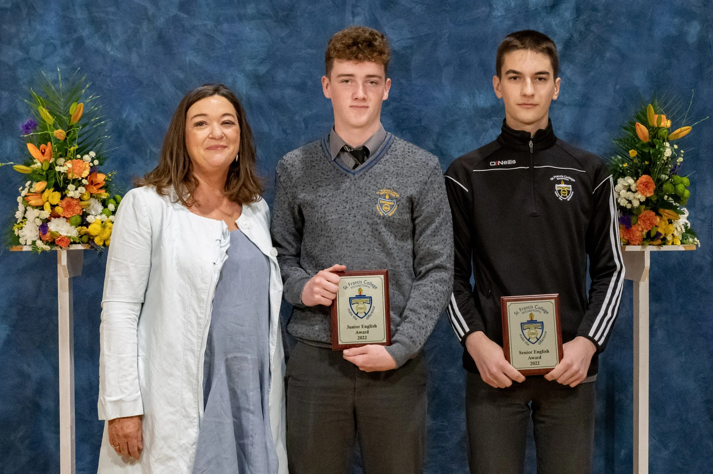 Junior English award winner Finnán Gallagher, Senior English award winner Alex Ringhoffer and Ms. Farrelly.jpg