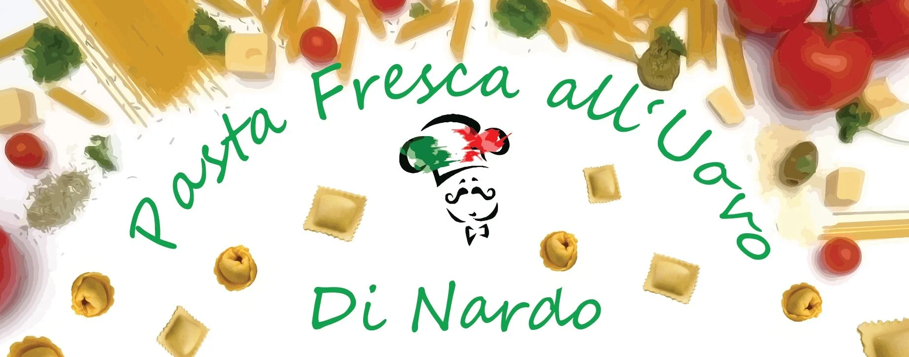 Bunte Ravioli und Tomaten auf einem weißen Hintergrund, mit einem Logo in der Mitte, das einen Mann mit Mütze darstellt. Grüner Text um das Logo: 'Pasta Alta Quota Di Nardo'