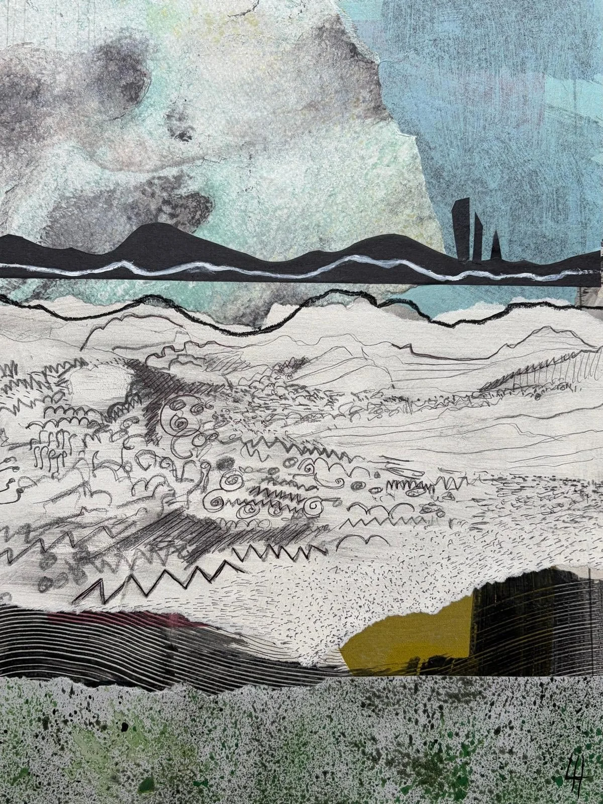 28 - Simplified Distance | Pen, pencil, paint and collage on board | 35 x 25 cm / 10 x 14 inches | 2026