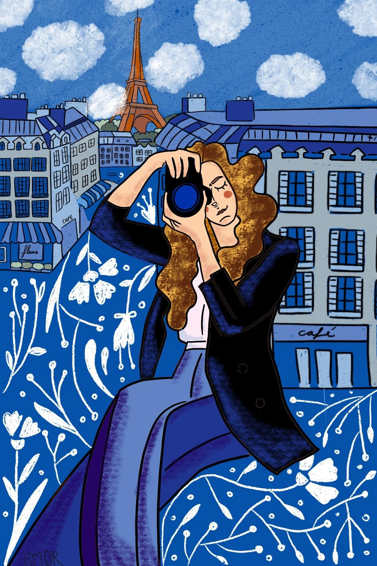 Illustration artistique représentant la photographe Vega avec un appareil photo, réalisée par Ruth Morelos.