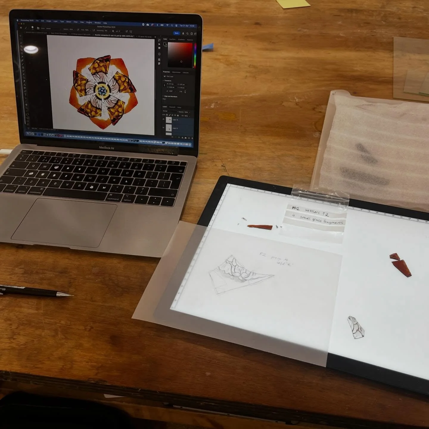 Reconstructing areas of loss again with the help of photoshop! These tiny fragments are all that is left of a bigger broken piece within a panel from Wreay church. 

The faint paint lines looked familiar, and with the help of photoshop editing softwa