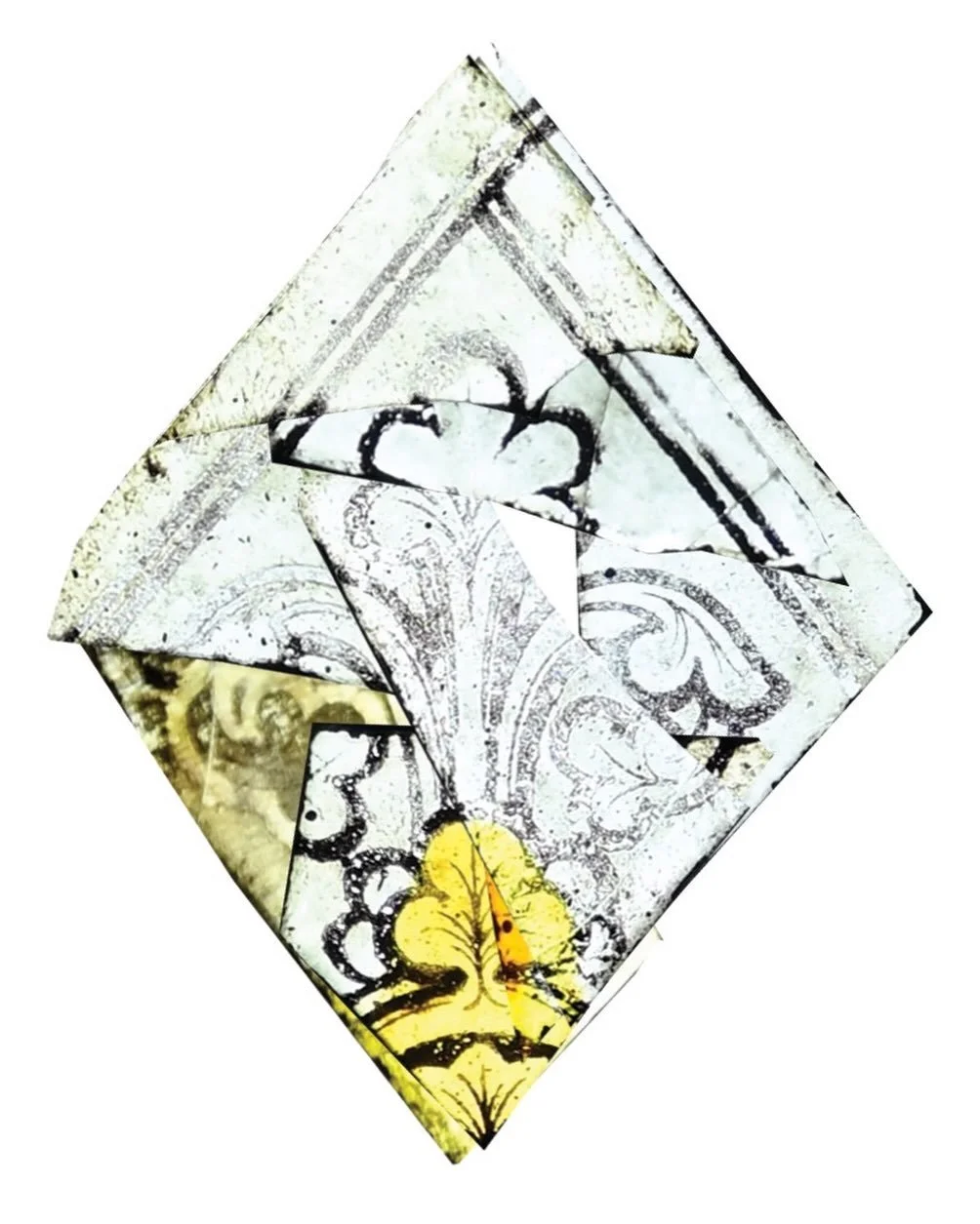 Using photoshop to work out a quarry design from multiple fragments. In keeping with Sara Losh&rsquo;s vision of resurrection at St Mary&rsquo;s Wreay, she reused broken glass from multiple sources. 

As some of the stained glass has sustained damage