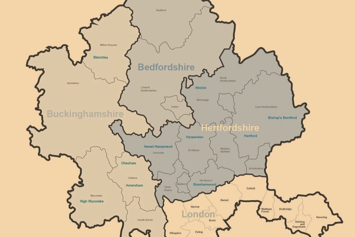 Map of Buckinghamshire, Bedfordshire, Hertfordshire, and surrounding towns
