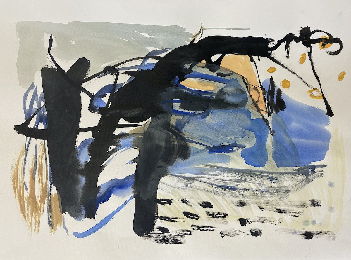 'Aled Valley', 2025, 57 x 78 cm, acylic and ink on Fabriano paper, unframed. £1,000.