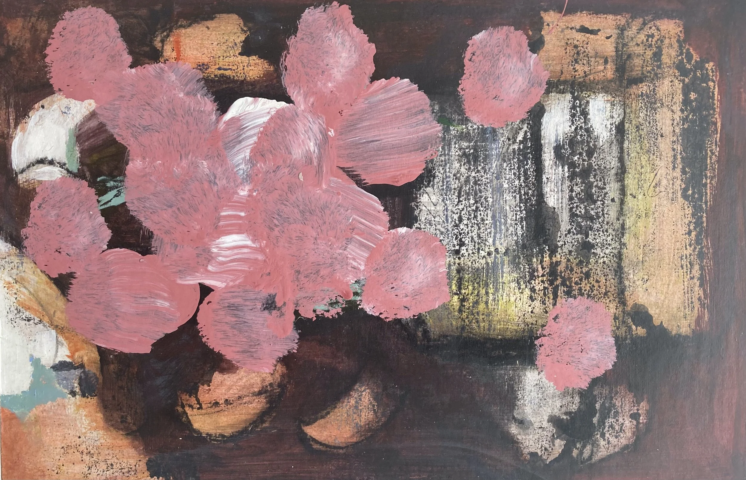 'Thrift', 2025, acrylic, ink and oil on panel, 20 x 30 x 1.5 cm, private collection. 