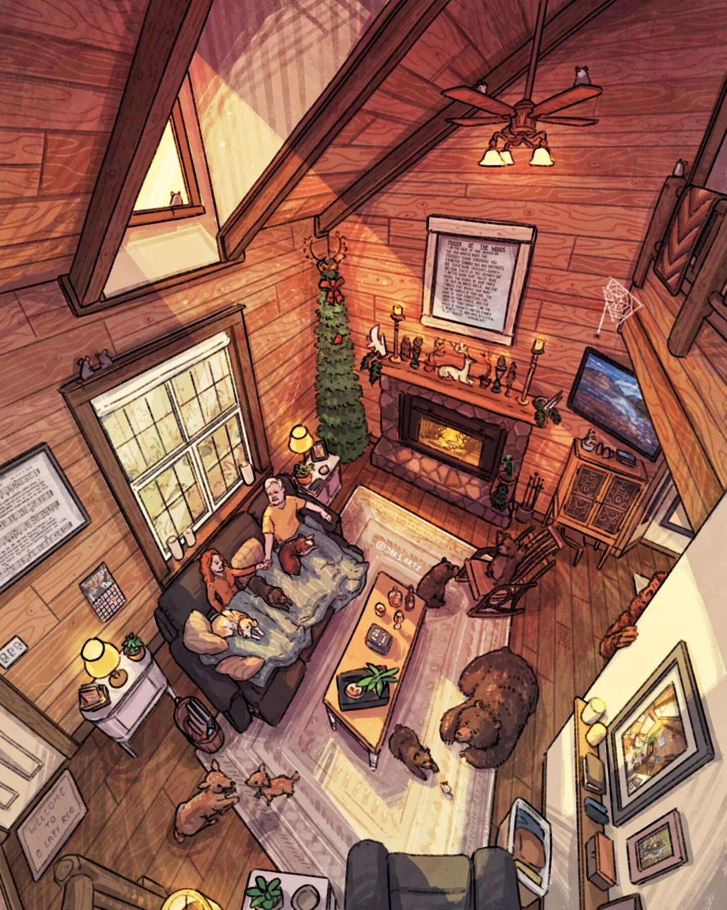 Lazy Cabin, 2022 ~ Sometimes I spice up the architecture for commissions to add a little bit of magic, but this cabin actually looks this cool in real life (minus the bears and deer and Bigfoot tho... Unless? 👀) Also showing some love for couples of