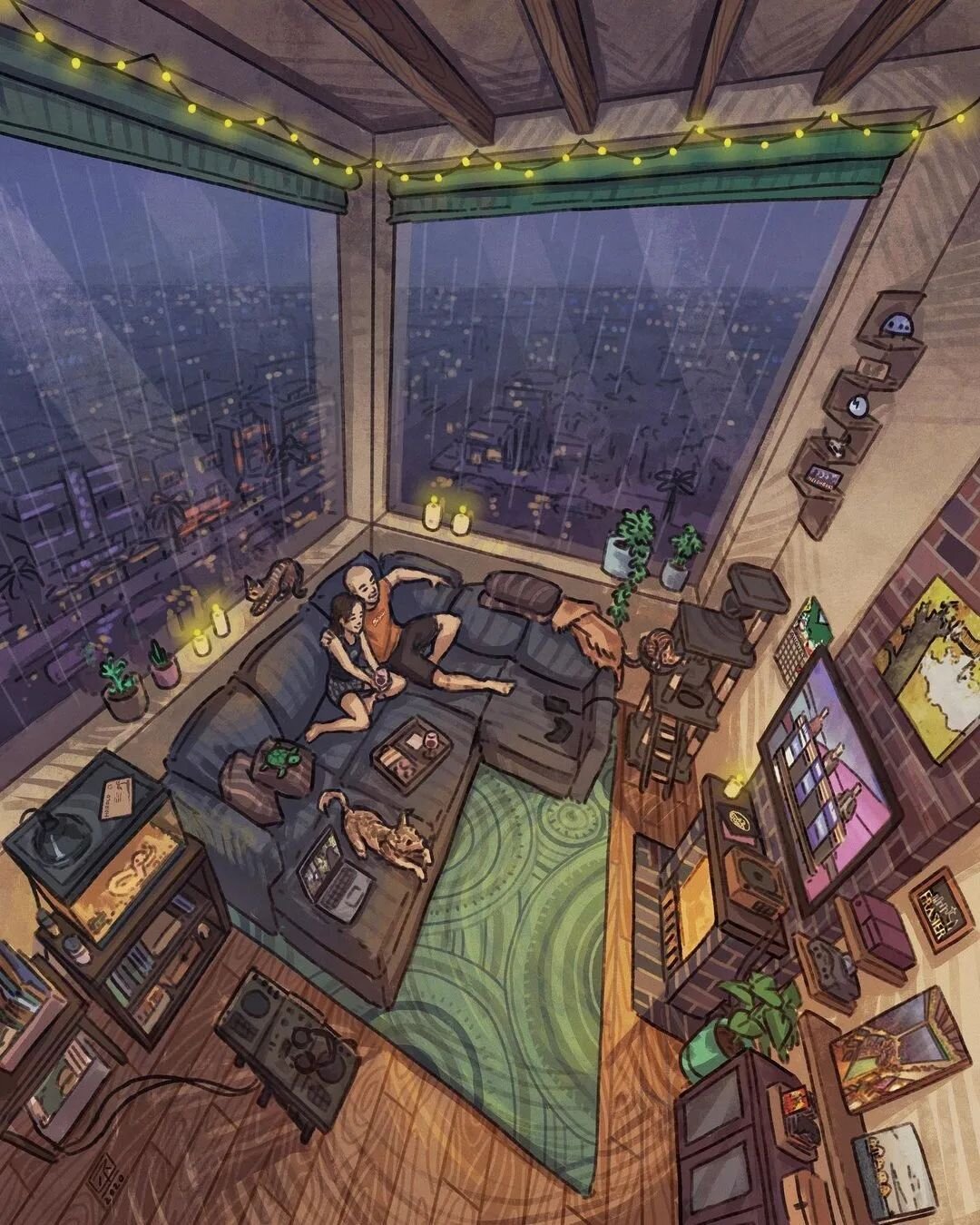 Rainy Nights, 2020 ~ Throwback commission to this cozy rainy home 😊 Not often do I get to create rainy pieces, but when I do it's always a fun change of pace. There's something extra nice and comfortable when you got that rain ASMR tapping on the wi