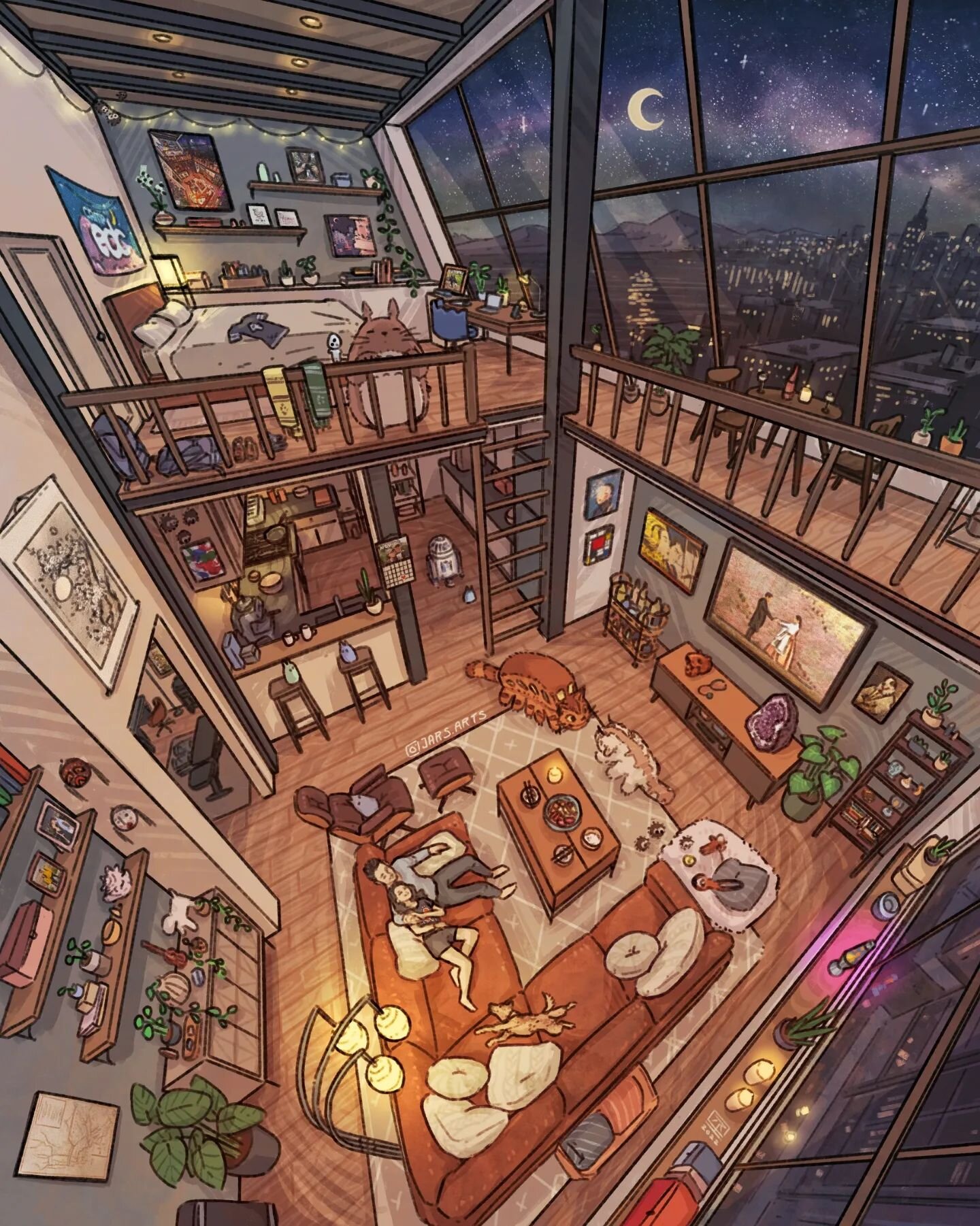 Moonlight Loft, 2022 ~ Love drawing these big window loft commission! This one was a combination of reference and imagination, so I kept their living room furniture in tact but went wild with the room architecture and outdoor views 🌜 Thank you all f