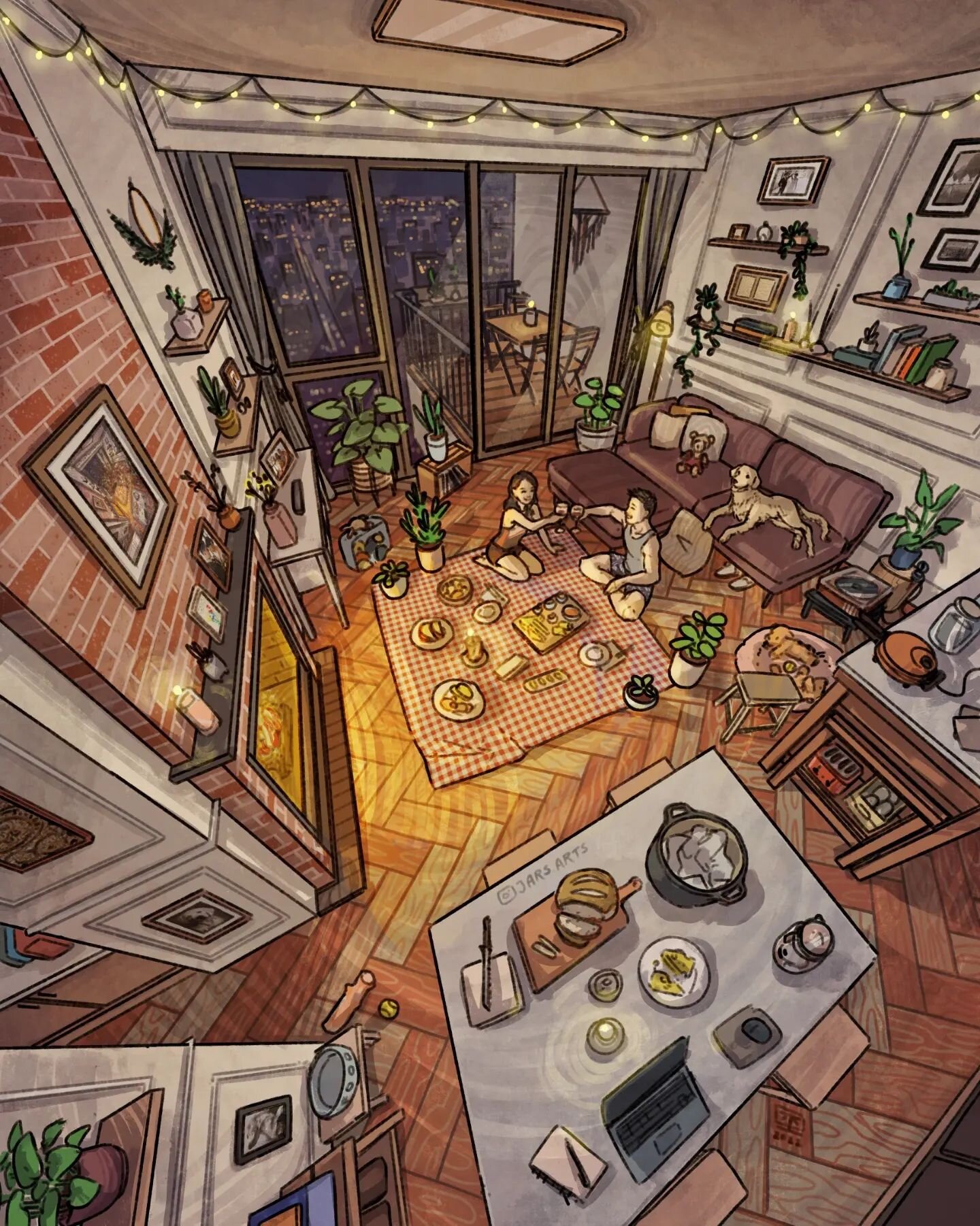 Fireplace Picnic, 2022 ~ A cozy dinner date scene for a commission, featuring dog height framed photos so the good boy can appreciate himself 🐶 The herringbone floor tiling was a refreshing texture change! A struggle to draw in perspective but I thi