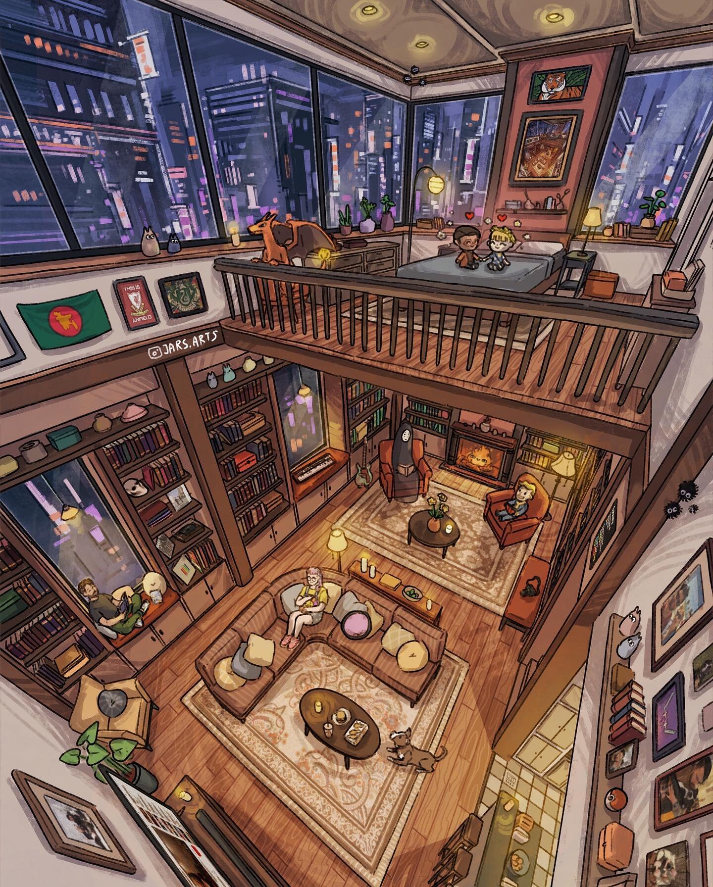 Cyberpunk Library Loft, 2022 ~ More requests for characters from animal crossing, please! Had a fun challenge with this commission trying to complement the neon city with the cozy interior and I&rsquo;m quite pleased with how it turned out. Question: