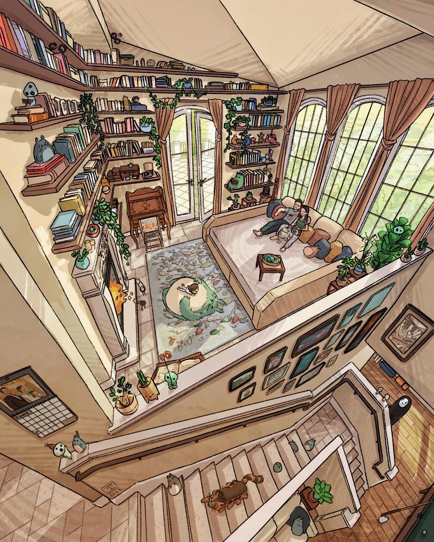 Sunny Library, 2022 &mdash; Absolute love the lighting and windows for this commission 🌞 Their home actually looks like this too &mdash; scroll to the end to see the painting irl :)

Also: long time no post &mdash; been making some big life transiti